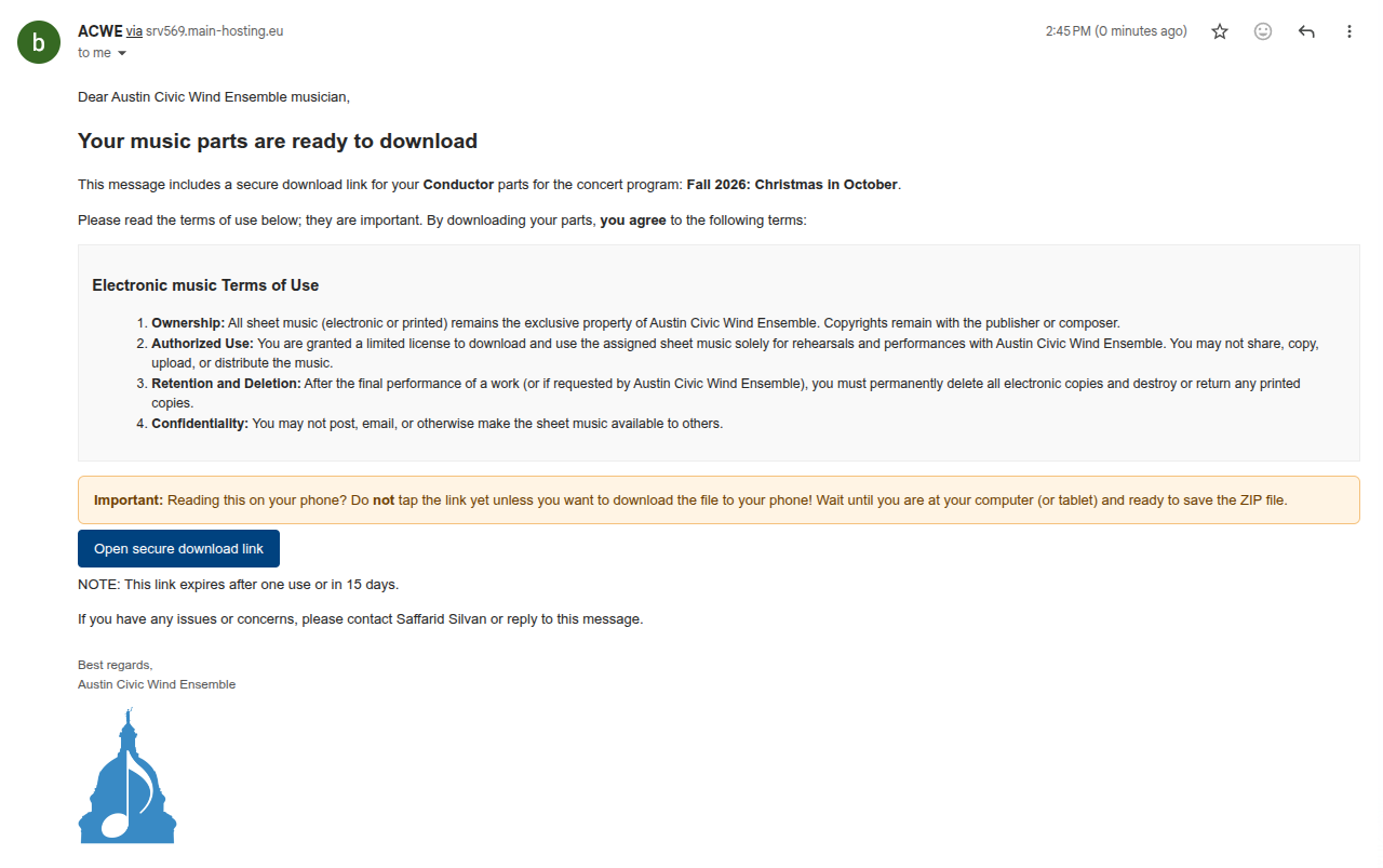 screen shot of parts download email