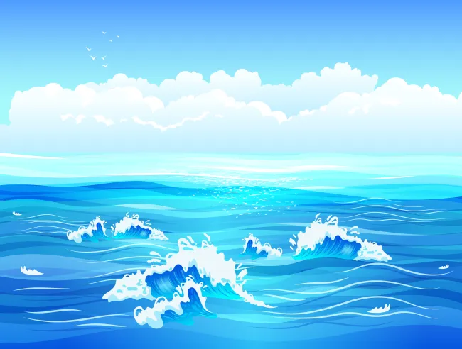 Drawing of ocean waves under a partly cloudy sky
