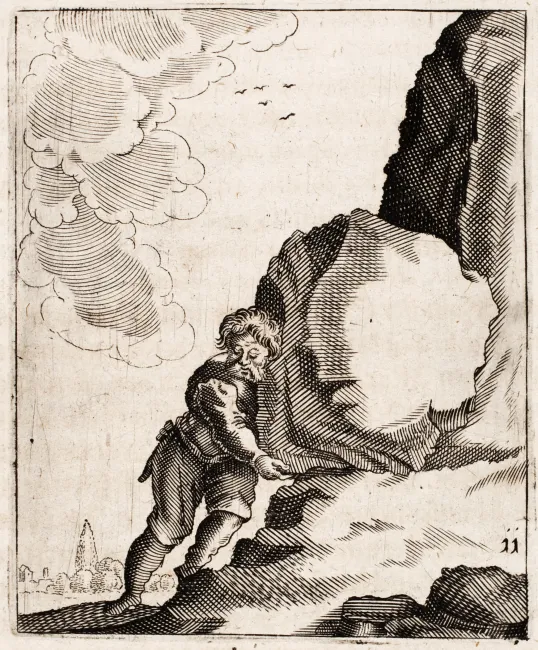 Illustration of Sisyphus pushing a boulder